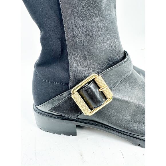 Stuart Weitzman Black Leather City Gold Buckle Heeled Ankle Booties Size 6.5 - Picture 6 of 6